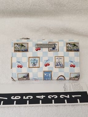 NWOT Madden Girl Light Blue Checkerboard Cherry & Seaside Print Wallet